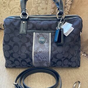 Coach Black Signature Canvas Satchel with Snakeskin Accent. Brand new